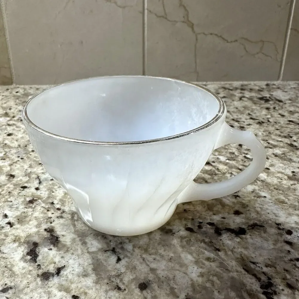 Vtg Anchor Hocking Milk Glass Swirl Tea Coffee Cup Gold Trim Cottage Shabby Chic